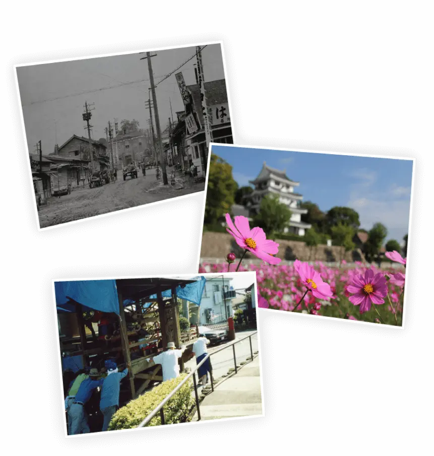 モノクロの街並みの写真、ピンクのコスモスの写真、お祭りの作業をする人の写真